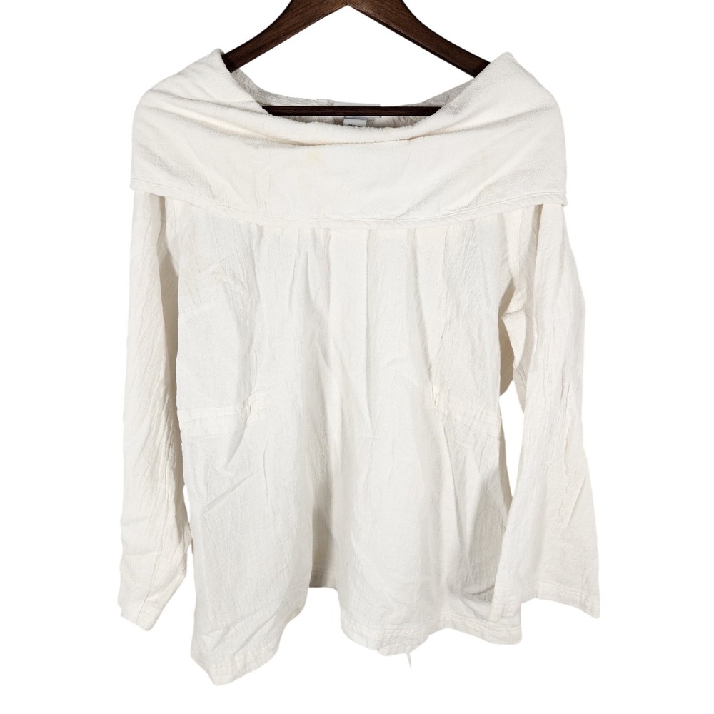 Soft Surroundings White 100% Cotton Cowl Neck Crinkle Pullover Tie Back Size 1X
